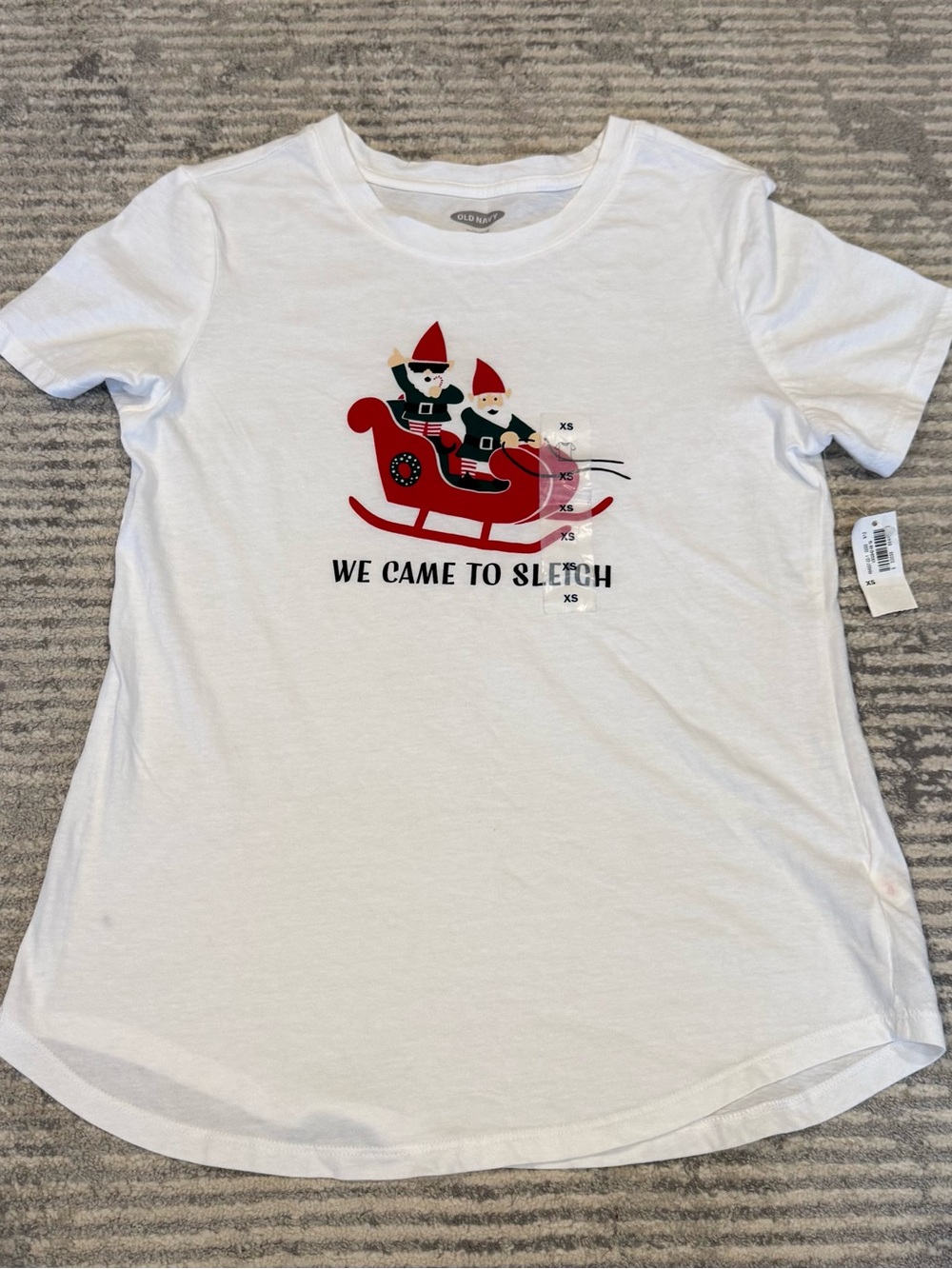 BNWT Old Navy White Tee with Red Sleigh and Green Elves-Size XS